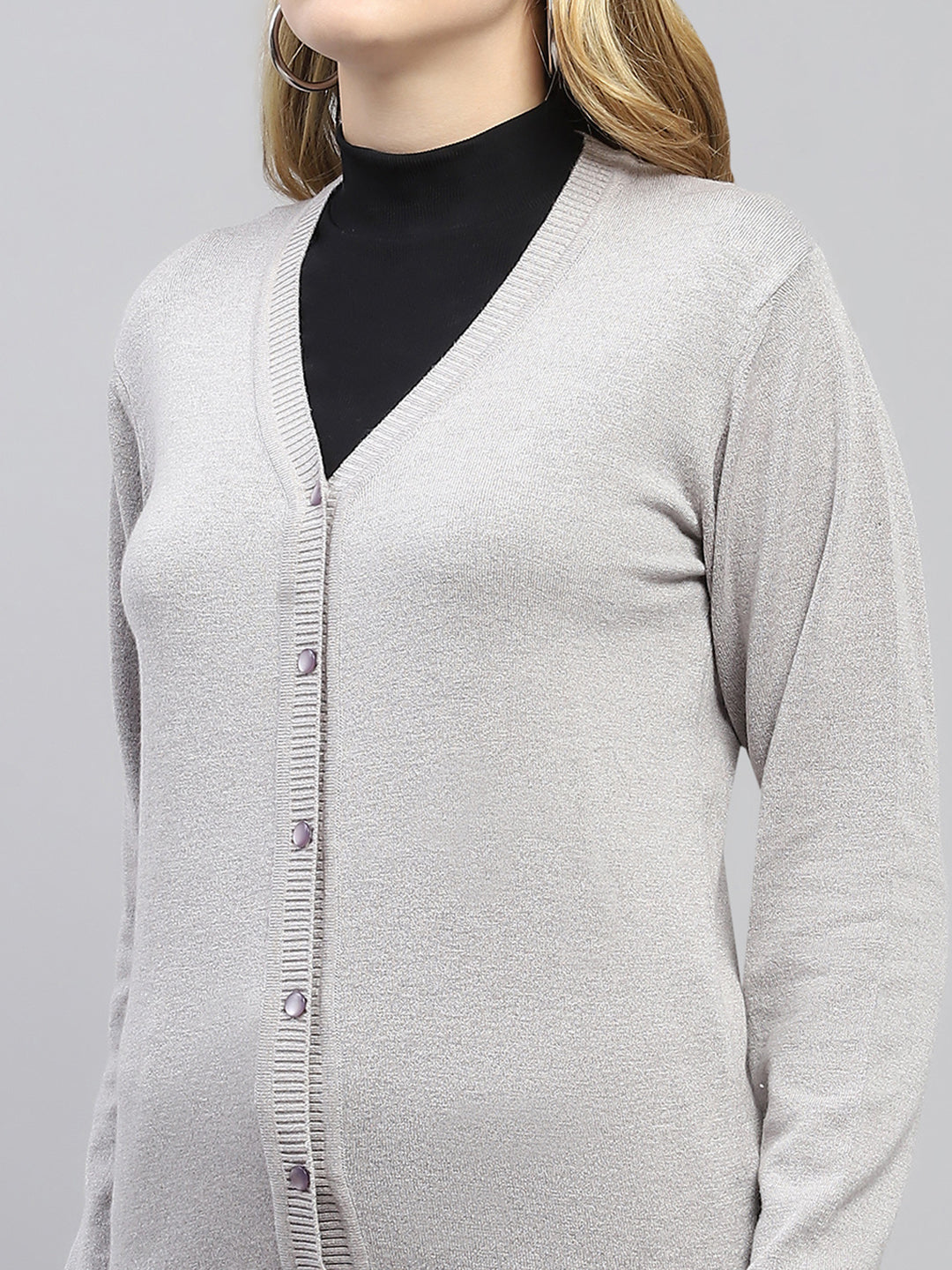 Women Grey Solid V Neck Full Sleeve Cardigan