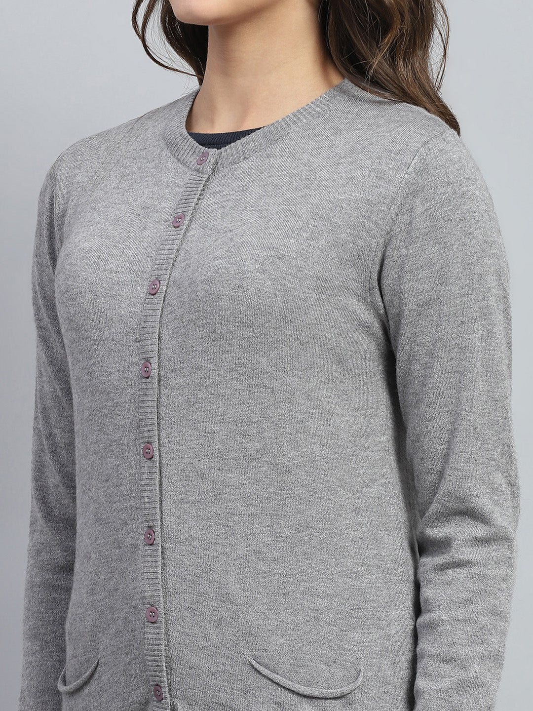 Women Grey Solid Round Neck Full Sleeve Cardigan