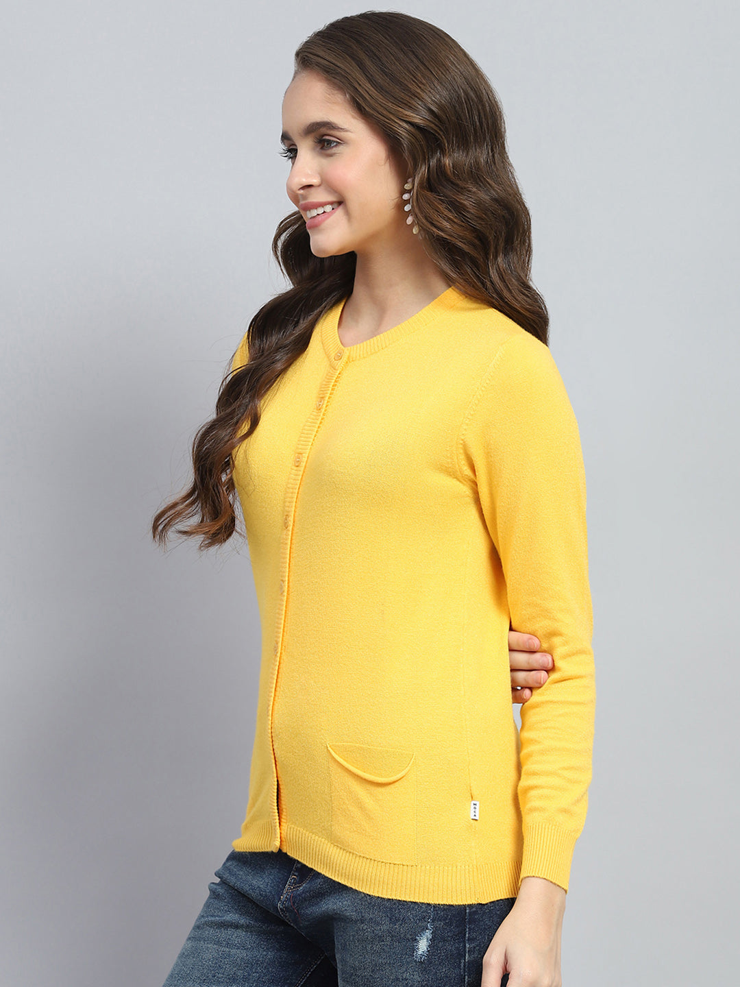 Women Yellow Solid Round Neck Full Sleeve Cardigan