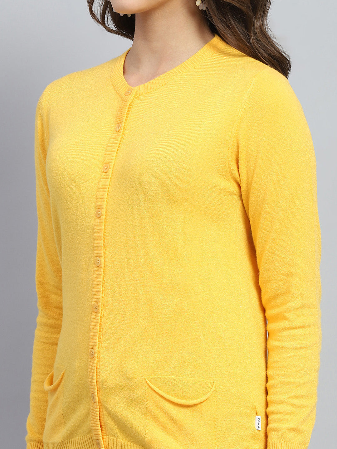 Women Yellow Solid Round Neck Full Sleeve Cardigan