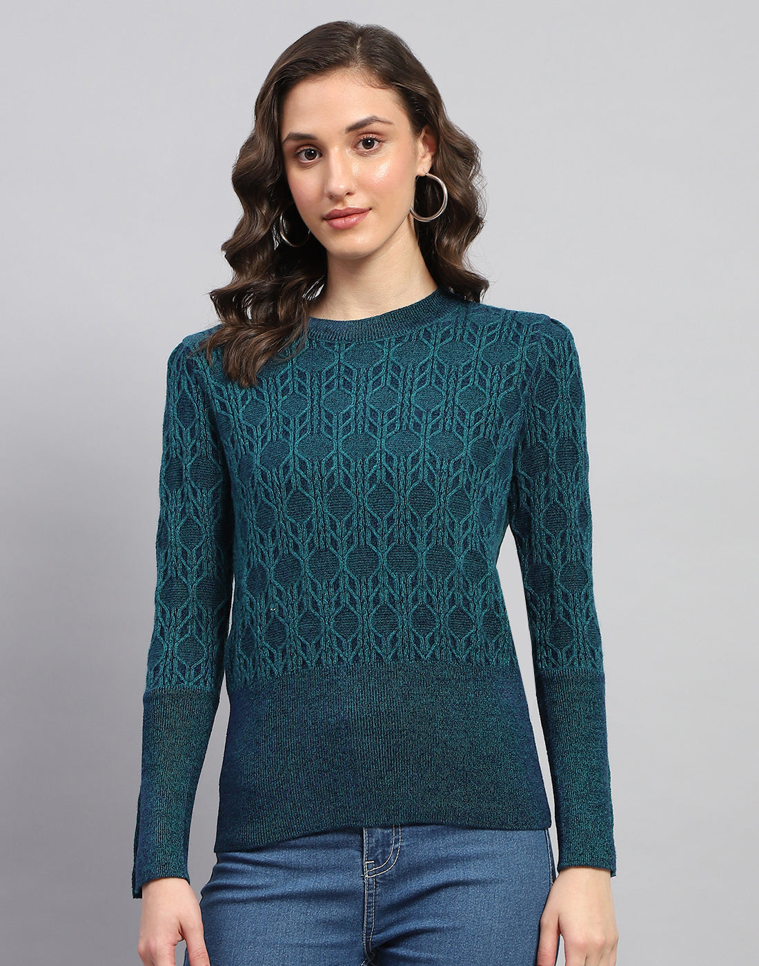 Women Teal Blue Solid Round Neck Full Sleeve Winter Top