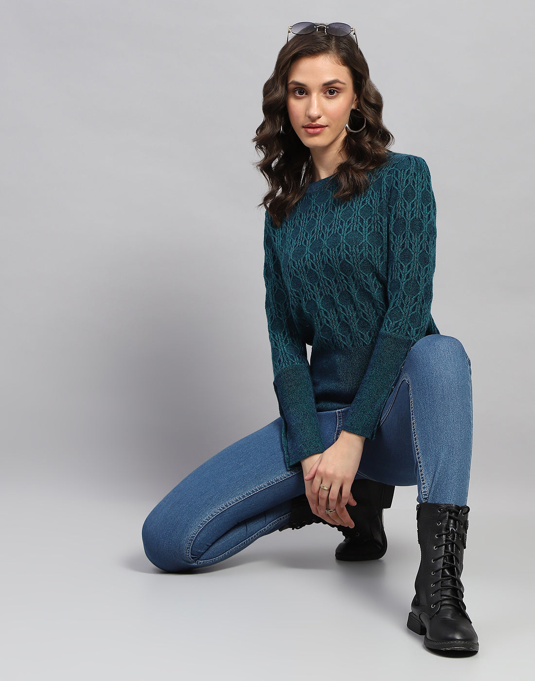 Women Teal Blue Solid Round Neck Full Sleeve Winter Top