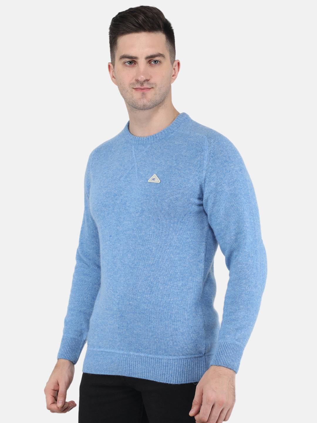 Men Sky Blue Solid Round Neck Full Sleeve Pullovers