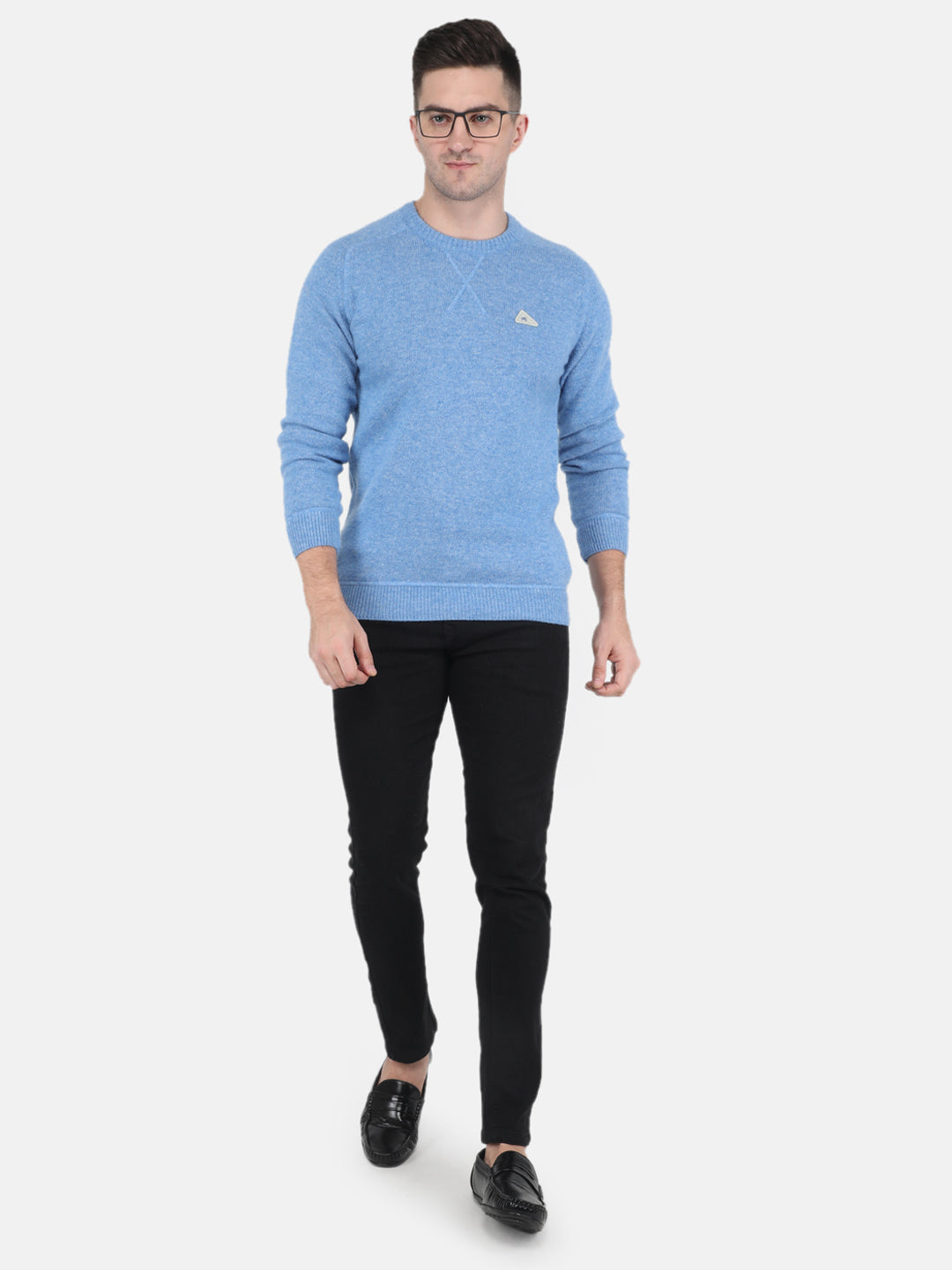 Men Sky Blue Solid Round Neck Full Sleeve Pullovers