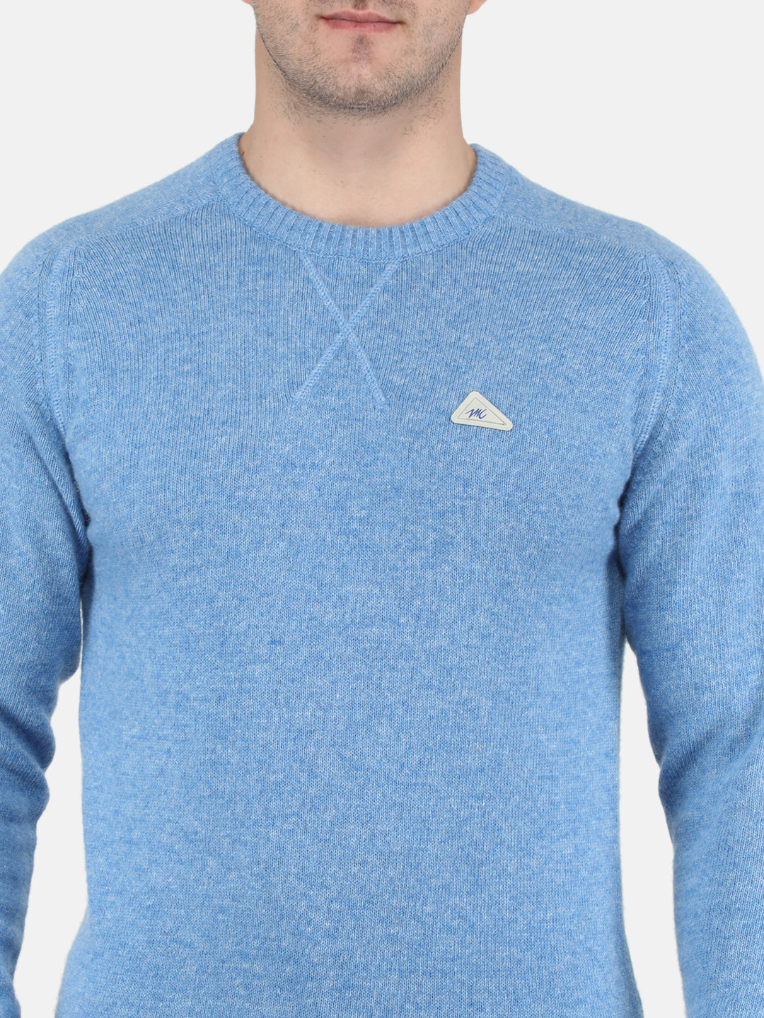 Men Sky Blue Solid Round Neck Full Sleeve Pullovers