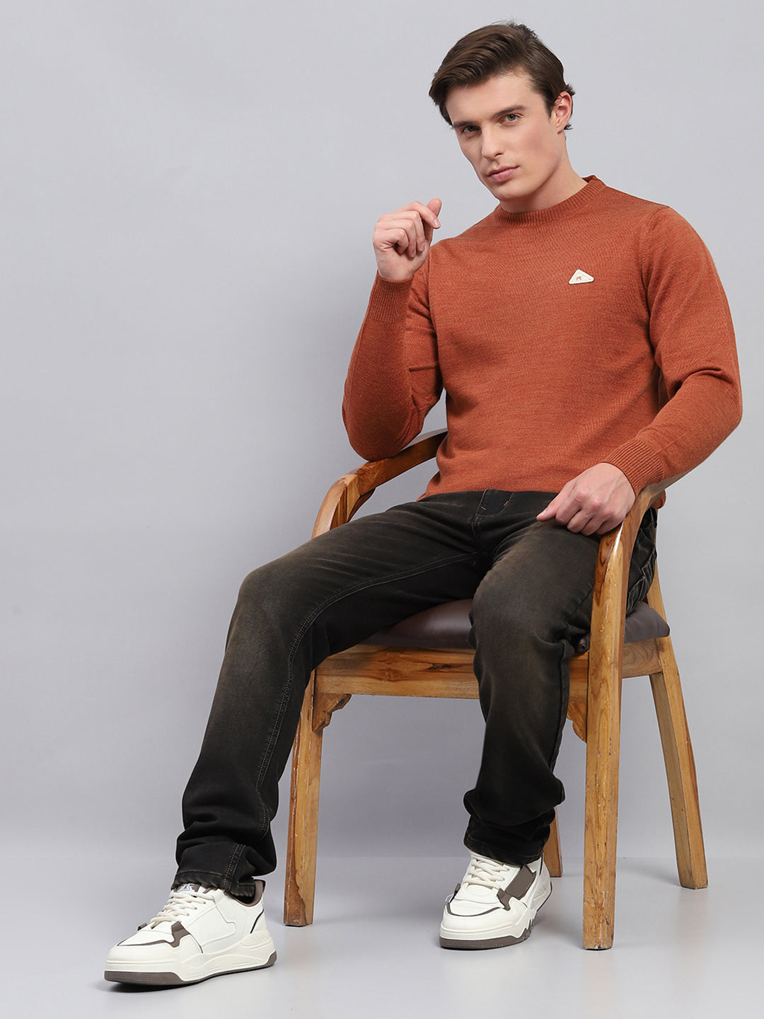 Men Rust Solid Round Neck Full Sleeve Pullover