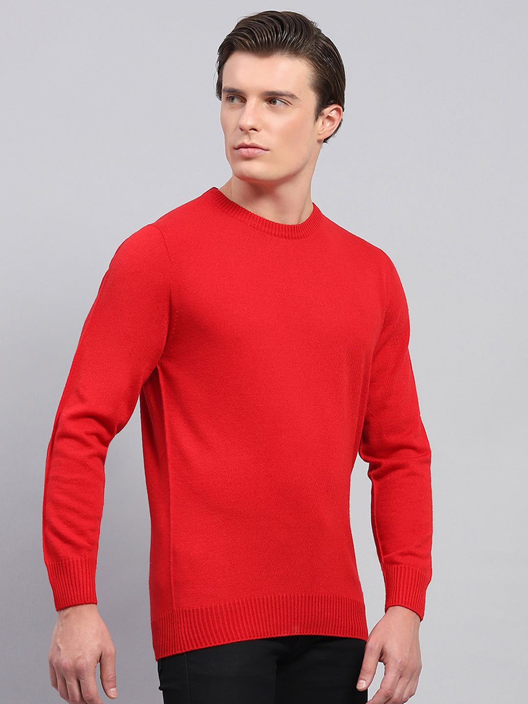 Men Red Solid Round Neck Full Sleeve Pullover