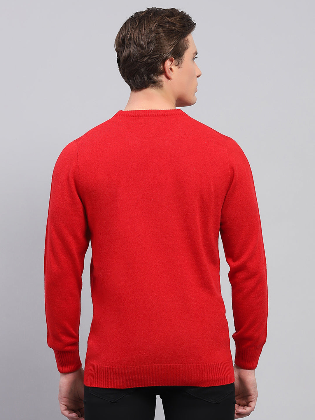 Men Red Solid Round Neck Full Sleeve Pullover