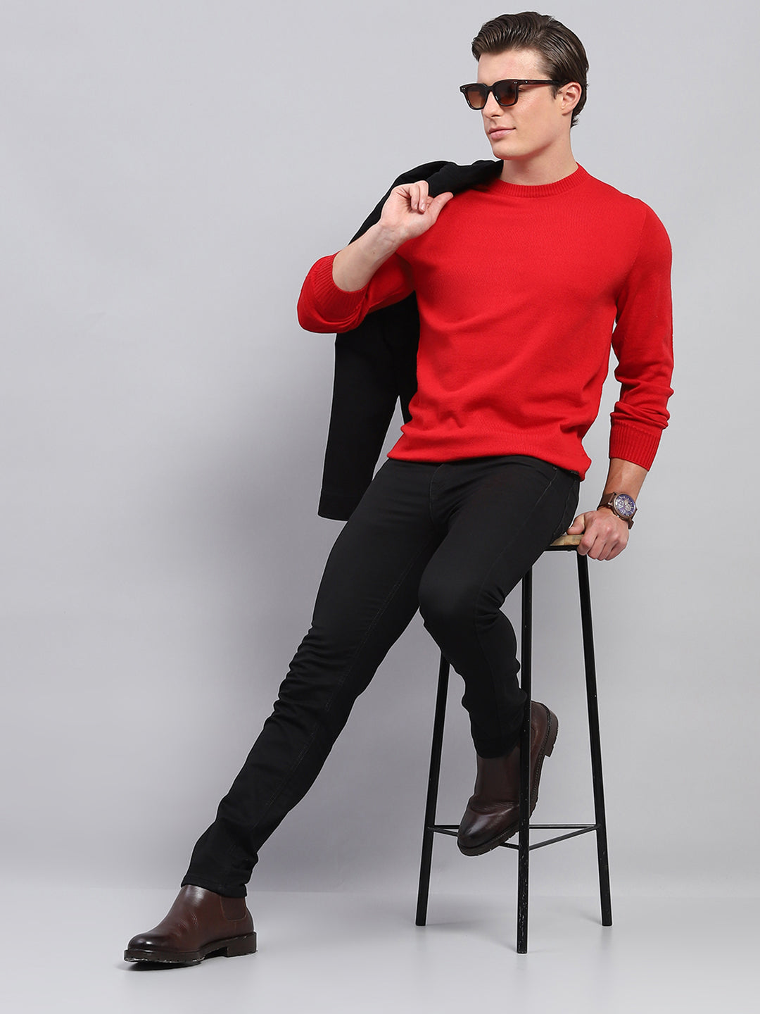 Men Red Solid Round Neck Full Sleeve Pullover