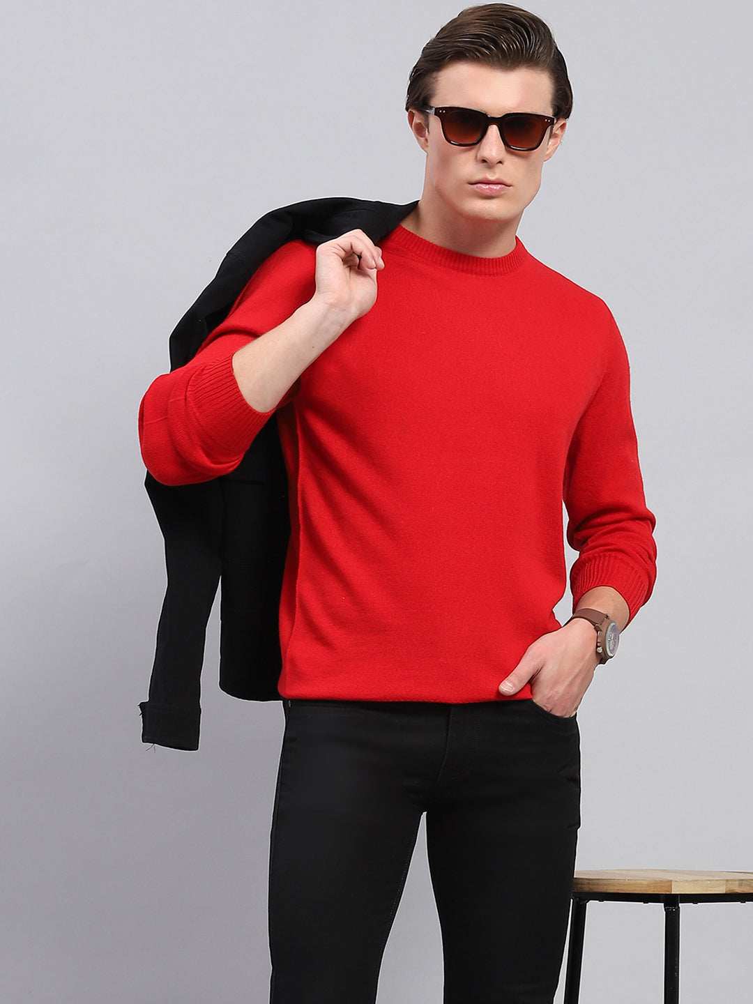Men Red Solid Round Neck Full Sleeve Pullover