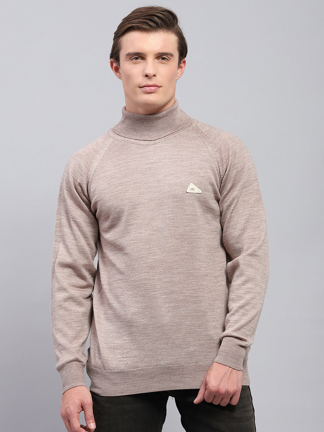 Men Beige Solid Turtle Neck Full Sleeve Pullover