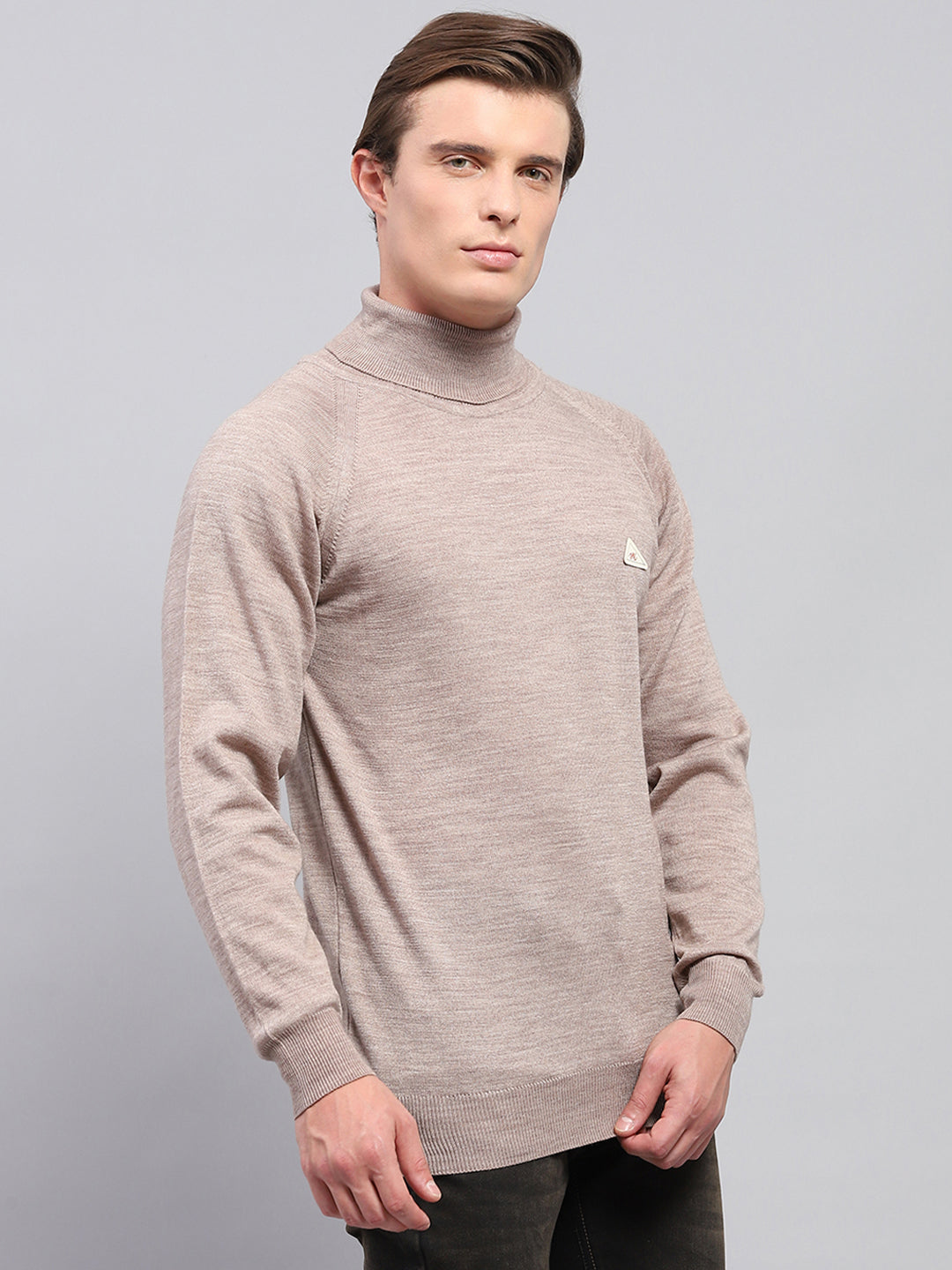 Men Beige Solid Turtle Neck Full Sleeve Pullover