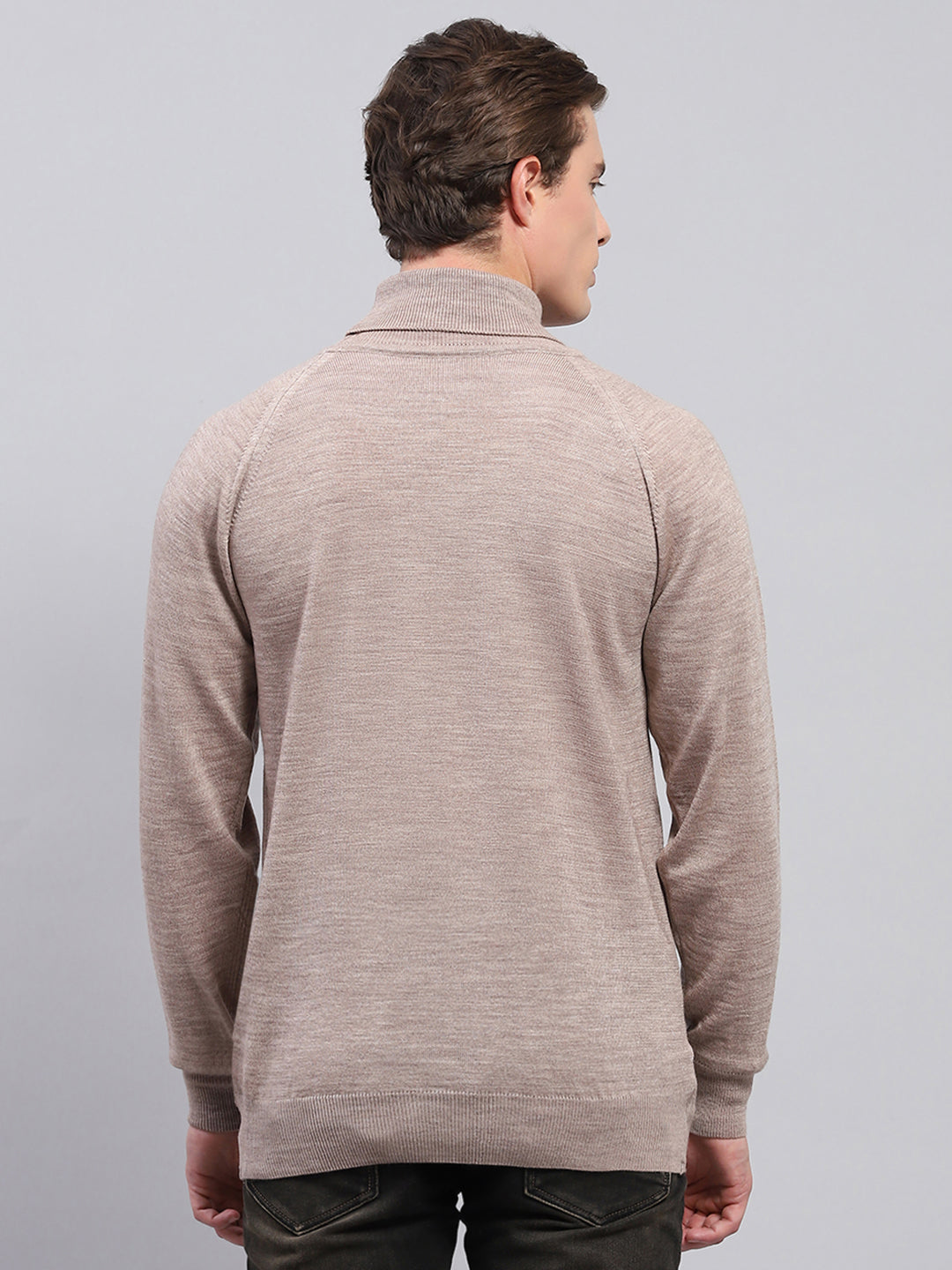 Men Beige Solid Turtle Neck Full Sleeve Pullover