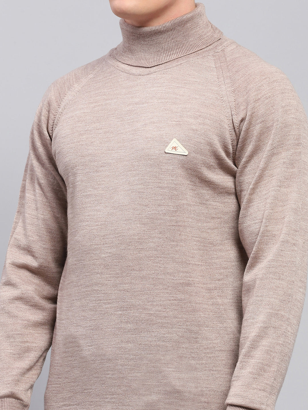 Men Beige Solid Turtle Neck Full Sleeve Pullover