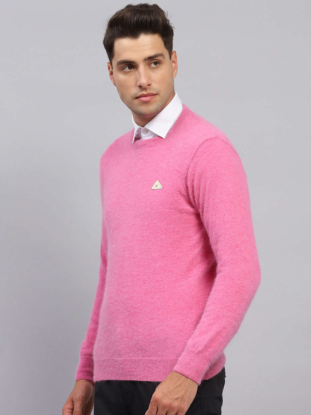 Men Pink Solid Round Neck Full Sleeve Pullover