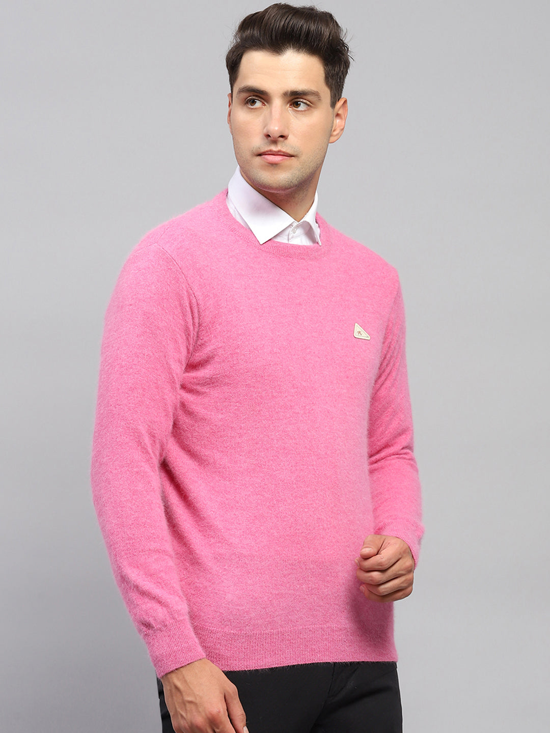 Men Pink Solid Round Neck Full Sleeve Pullover