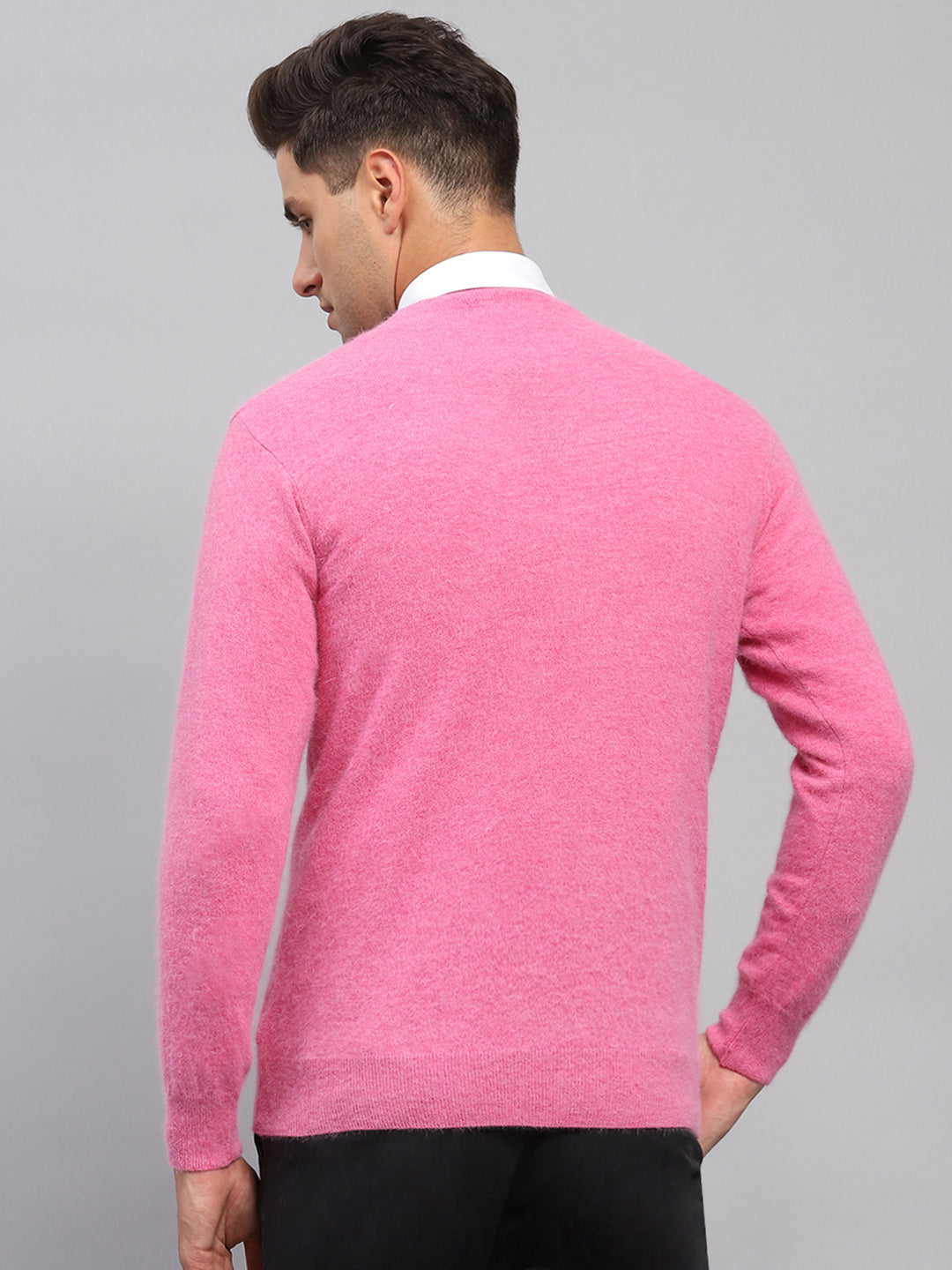 Men Pink Solid Round Neck Full Sleeve Pullover
