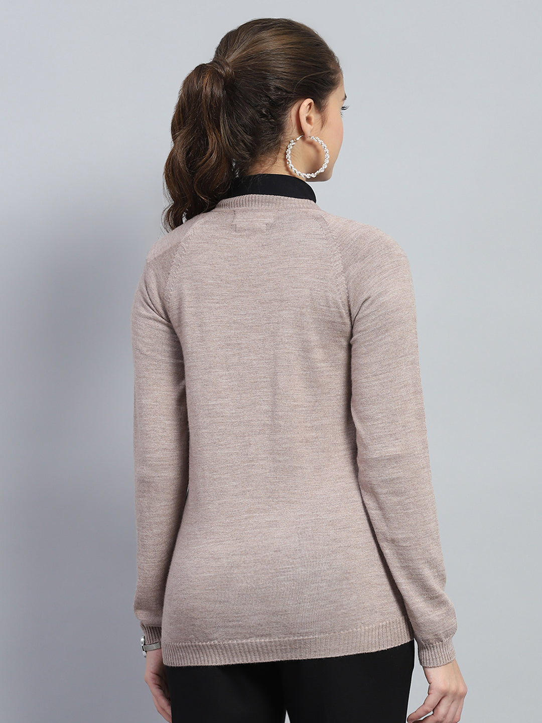 Women Beige Solid Round Neck Full Sleeve Cardigan