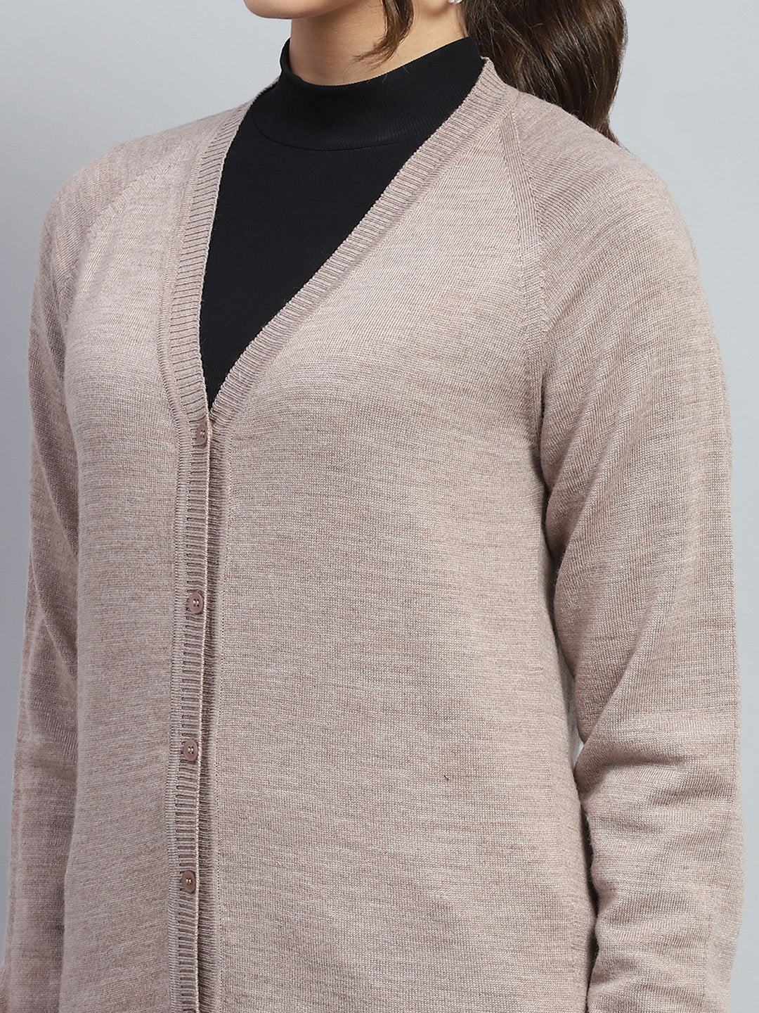 Women Beige Solid Round Neck Full Sleeve Cardigan
