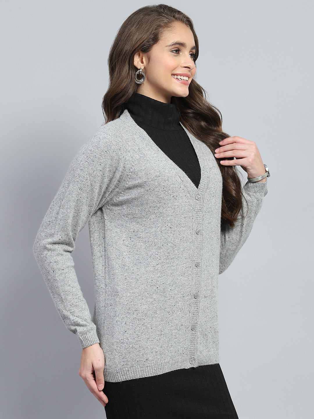 Women Grey Solid V Neck Full Sleeve Cardigan
