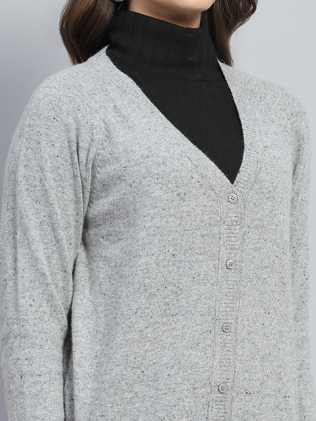 Women Grey Solid V Neck Full Sleeve Cardigan
