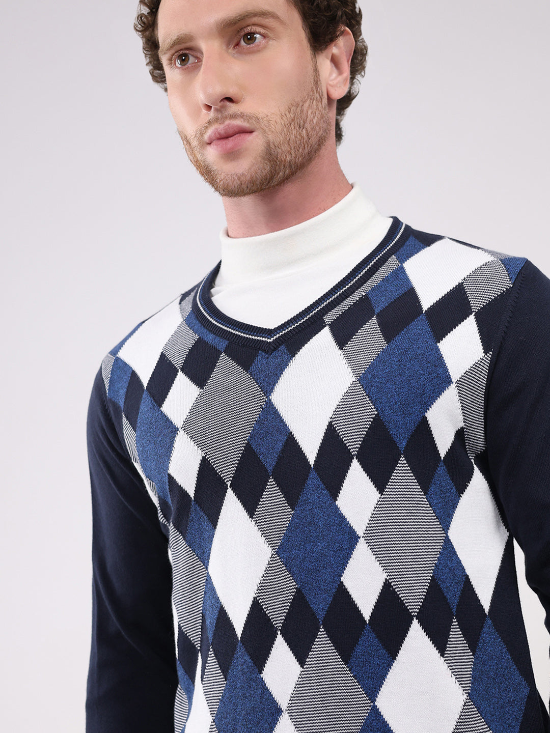 Men Navy Blue Solid V Neck Full Sleeve Pullover