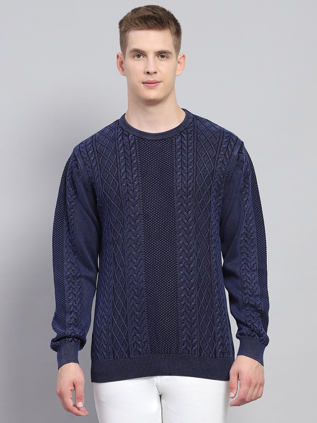 Men Blue Self Design Round Neck Full Sleeve Pullover