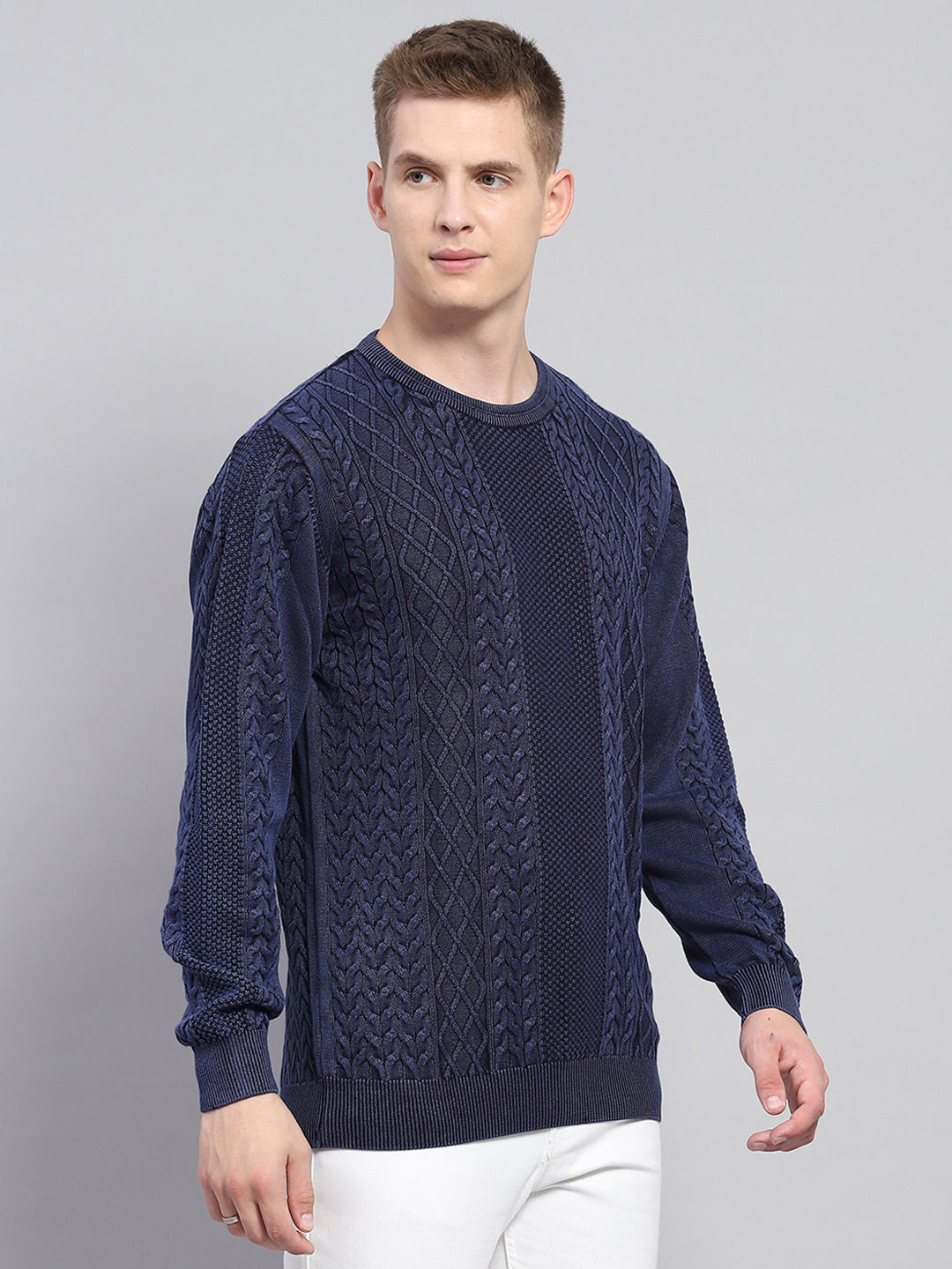 Men Blue Self Design Round Neck Full Sleeve Pullover