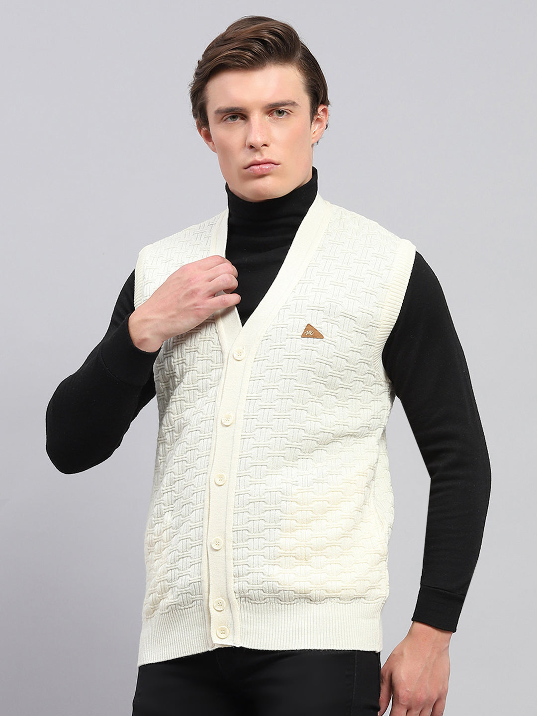 Men White Self Design V Neck Sleeveless Cardigan