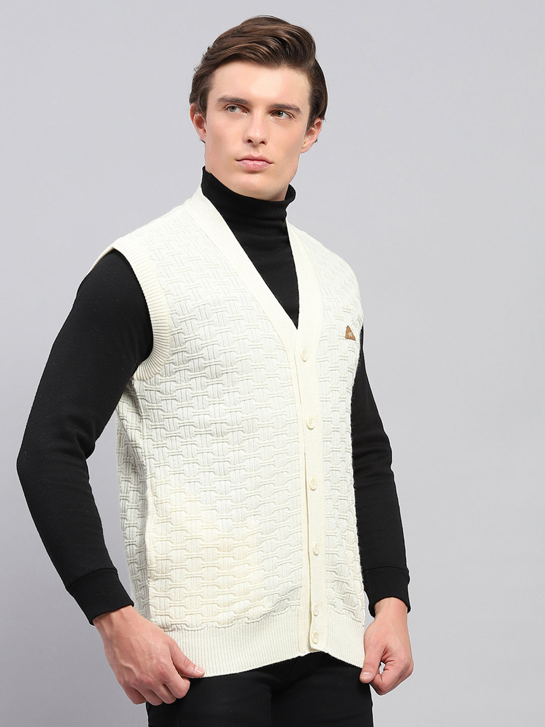 Men White Self Design V Neck Sleeveless Cardigan