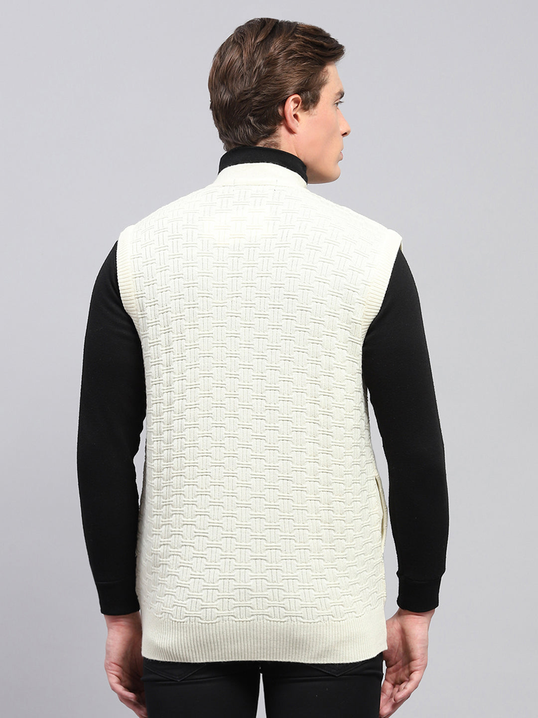 Men White Self Design V Neck Sleeveless Cardigan
