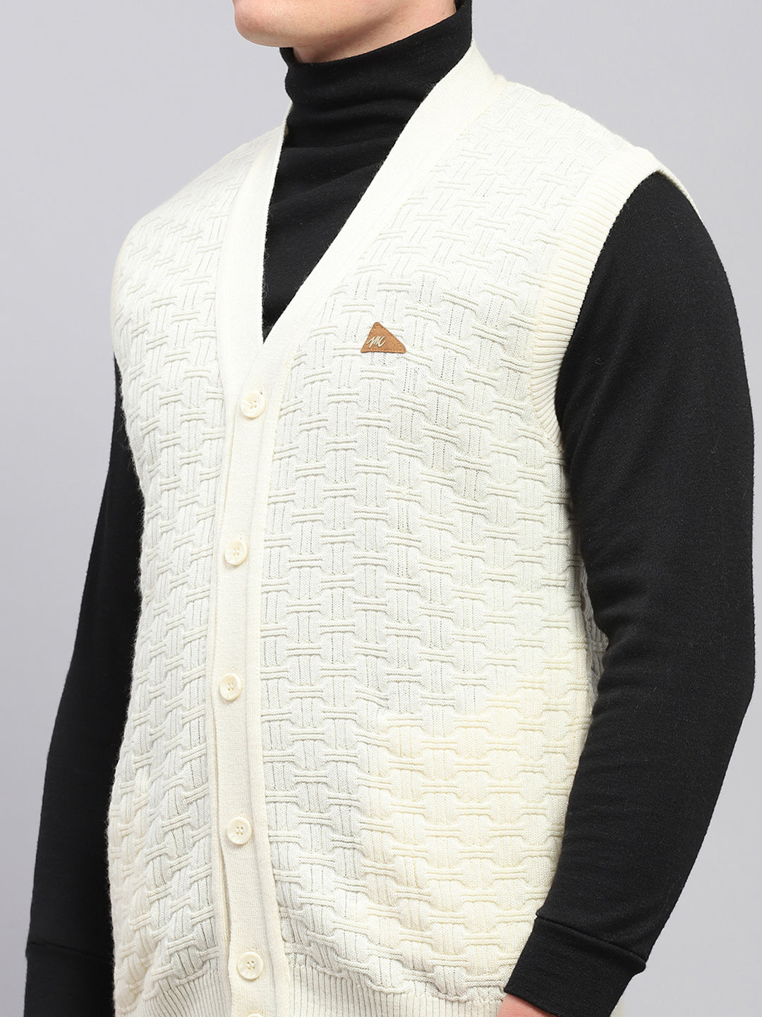 Men White Self Design V Neck Sleeveless Cardigan