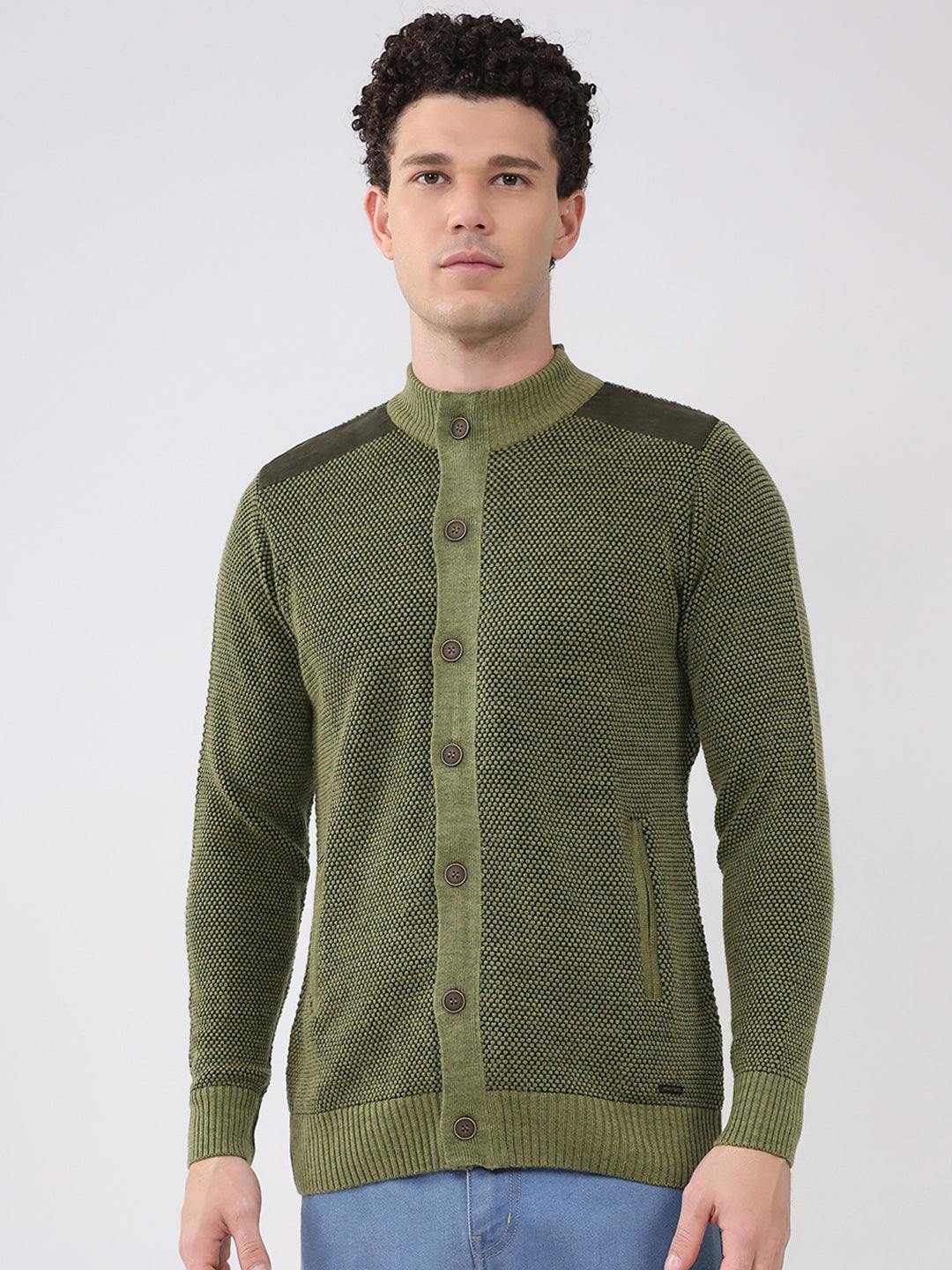 Men Green Solid Mock Neck Full Sleeve Pullover
