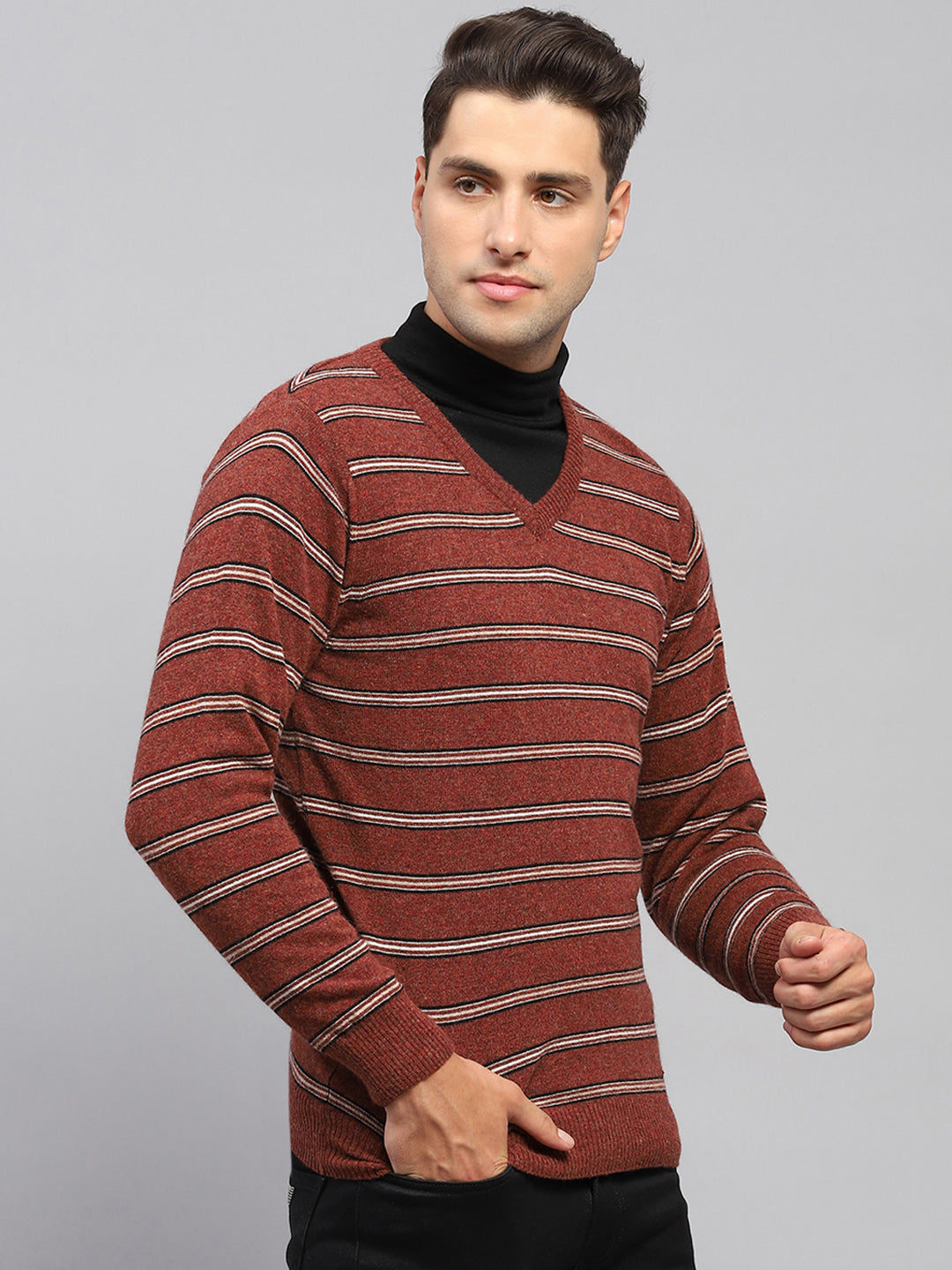 Men Rust Stripe V Neck Full Sleeve Pullover