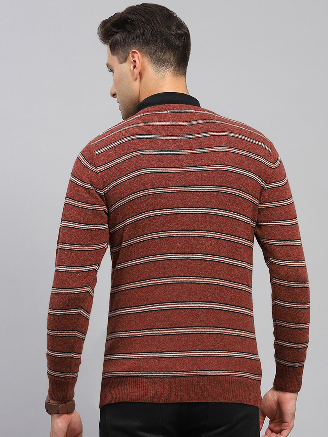 Men Rust Stripe V Neck Full Sleeve Pullover