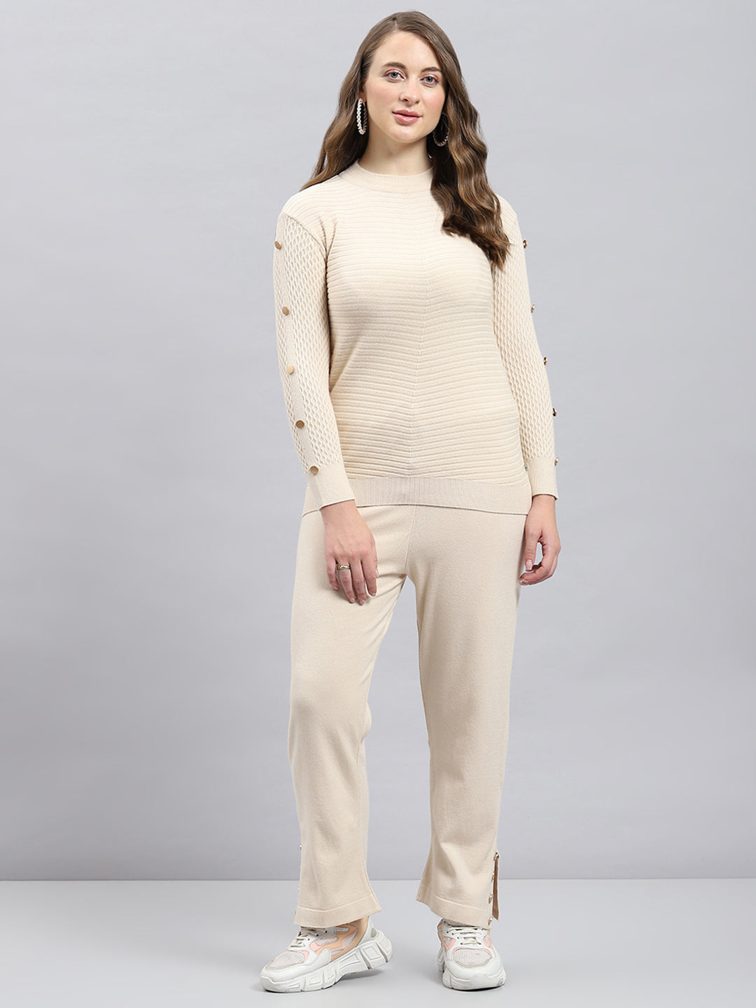 Women Beige Solid Round Neck Full Sleeve Cords Set
