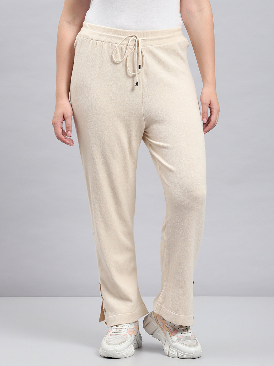 Women Beige Solid Round Neck Full Sleeve Cords Set