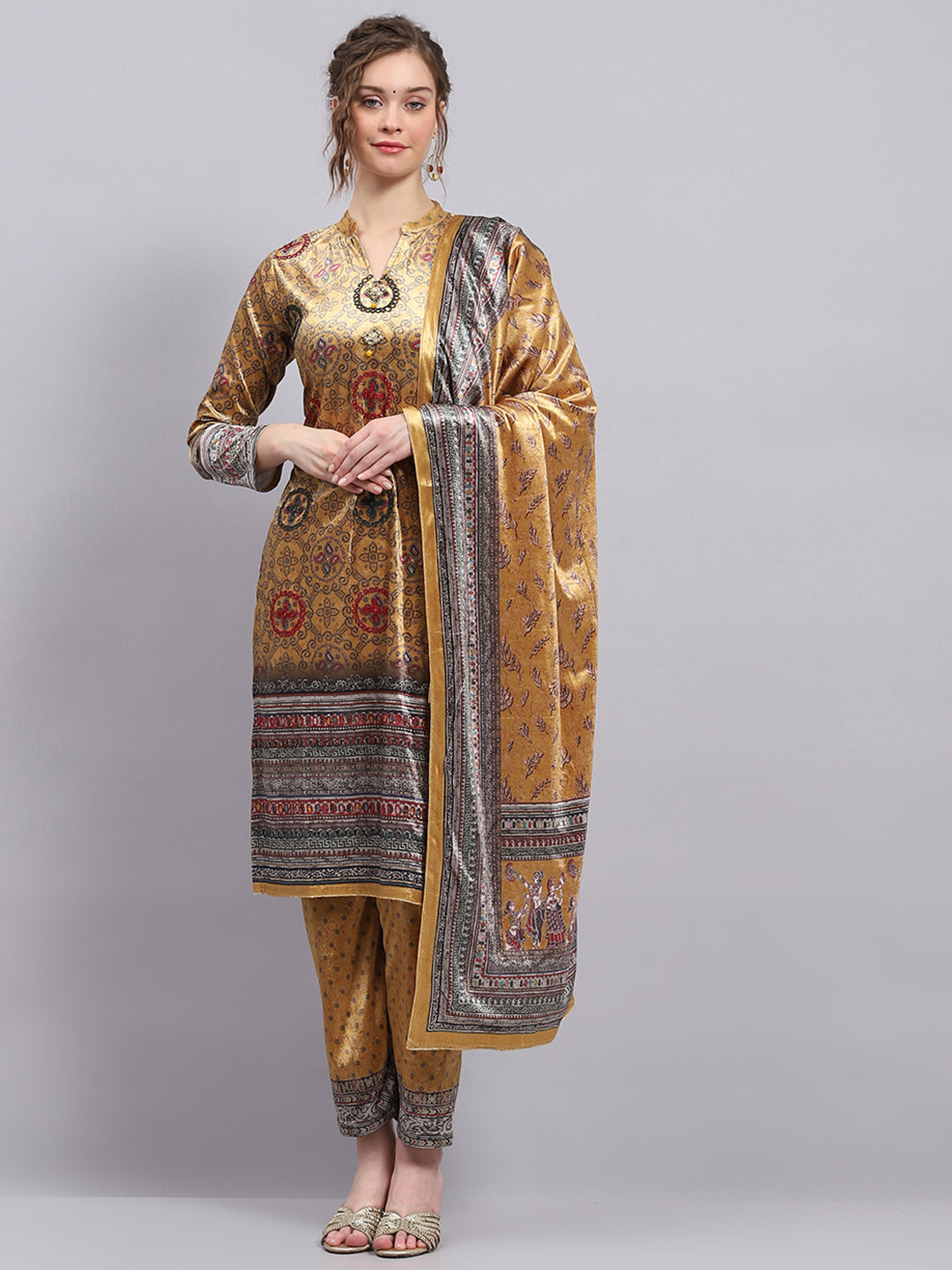 Women Yellow Printed Round Neck Full Sleeve Kurti Set with Stole
