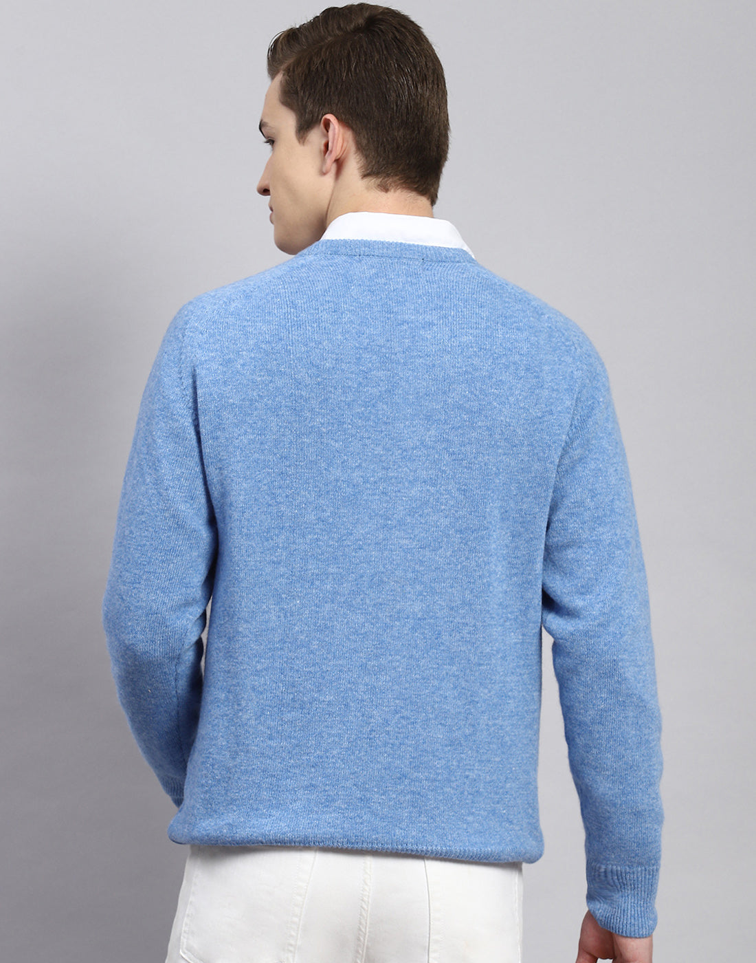 Men Blue Solid V Neck Full Sleeve Pullover