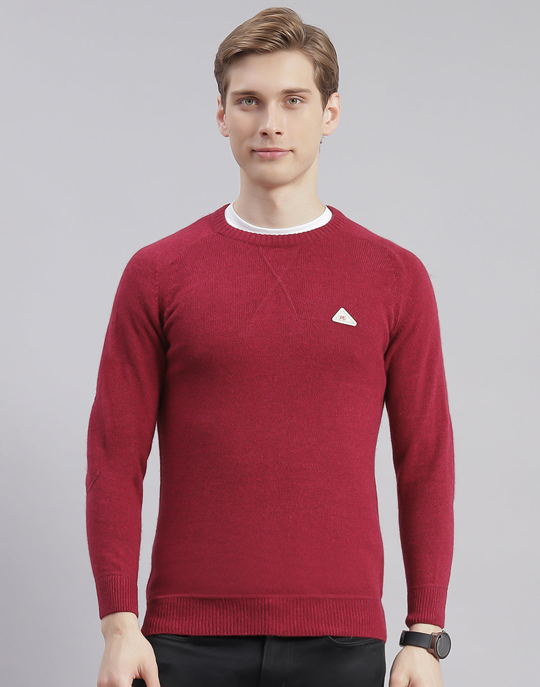 Men Maroon Solid Round Neck Full Sleeve Pullover