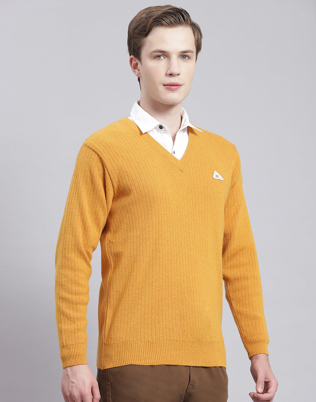 Men Mustard Solid V Neck Full Sleeve Pullover