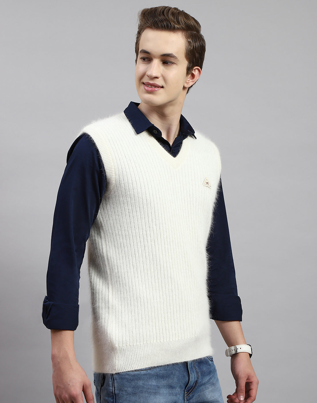 Buy Men Off White Solid V Neck Sleeveless Sweater Online in India