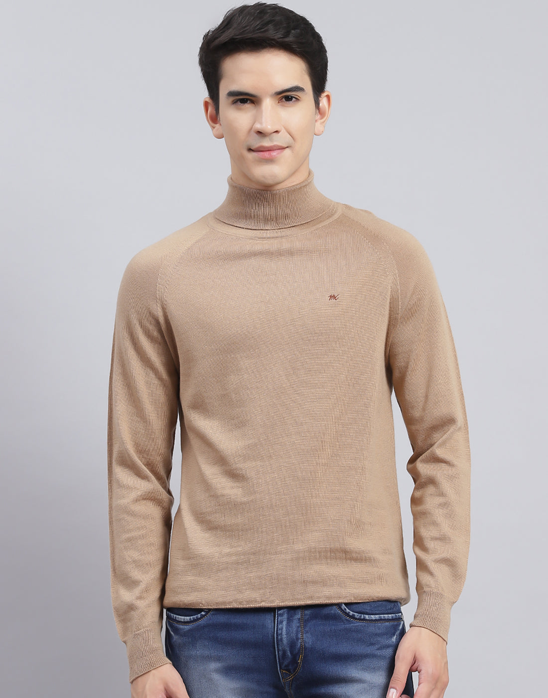 Buy Men Camel Brown Solid High Neck Full Sleeve Pullover Online in