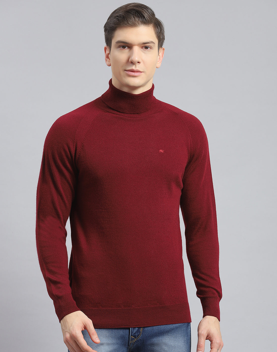 Buy Men Maroon Solid High Neck Full Sleeve Pullover Online in