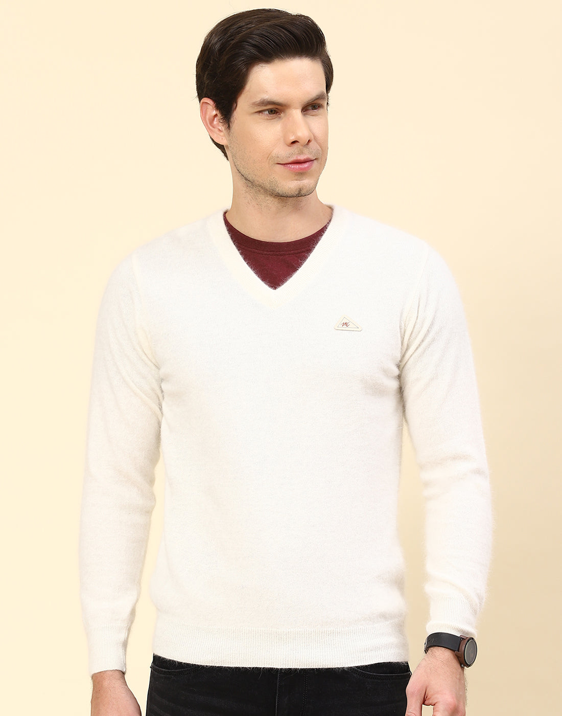 Men Off White Solid V Neck Full Sleeve Pullover