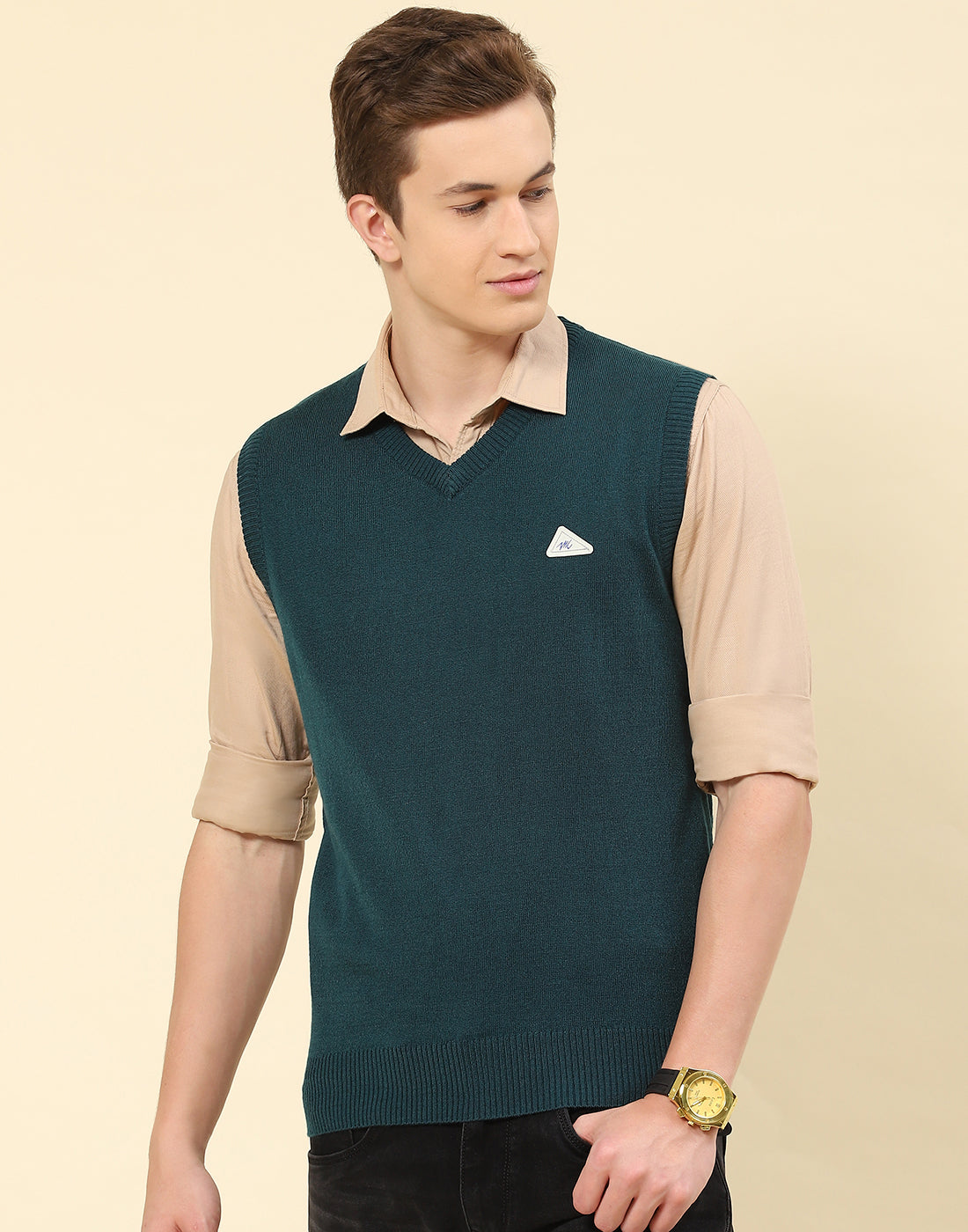 Men Teal Blue Solid V Neck Sleeveless Sweater