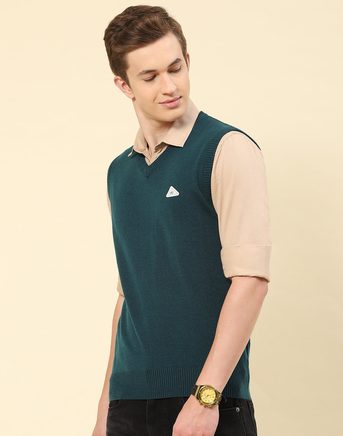 Men Teal Blue Solid V Neck Sleeveless Sweater
