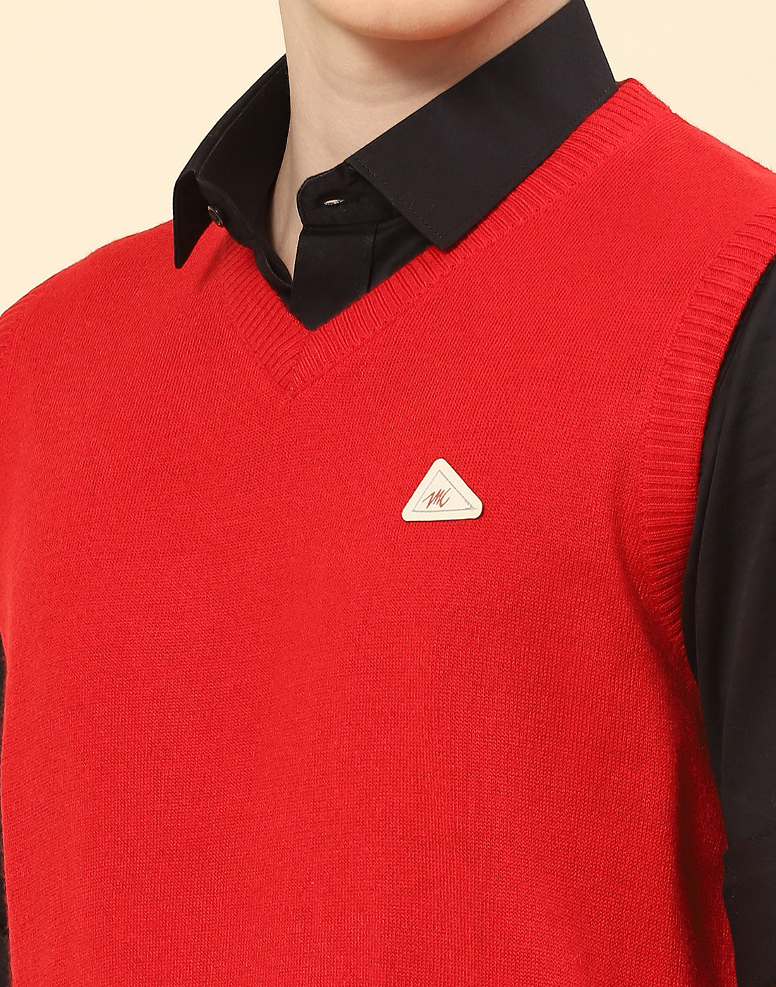 Men Red Solid V Neck Sleeveless Sweater