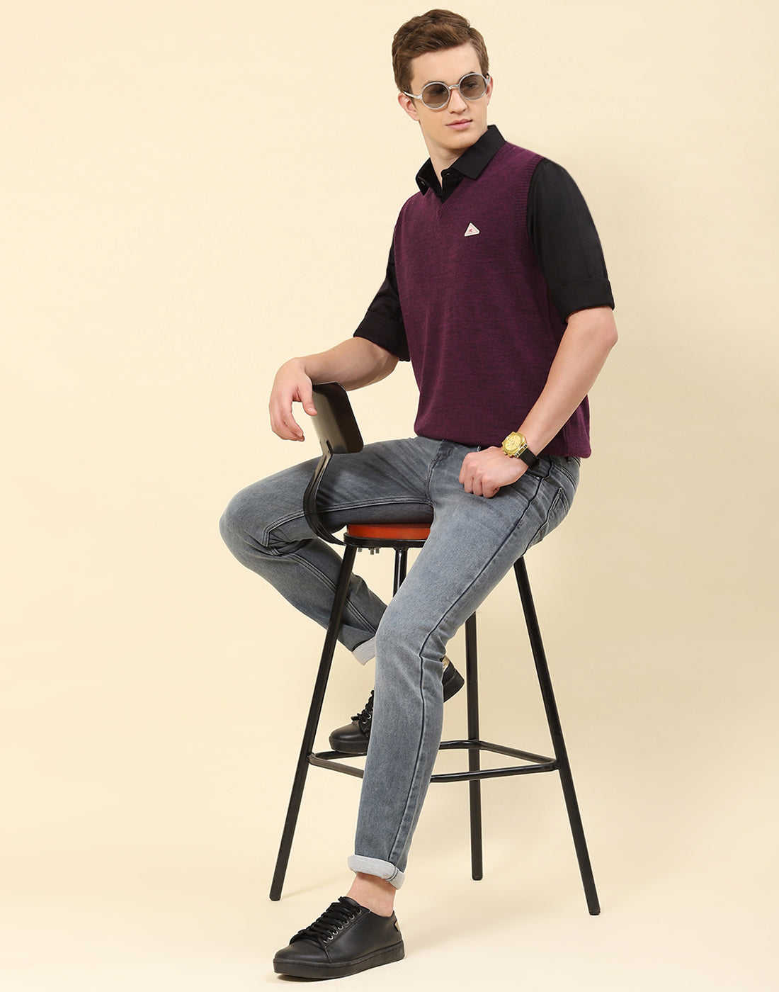 Men Purple Solid V Neck Sleeveless Sweater