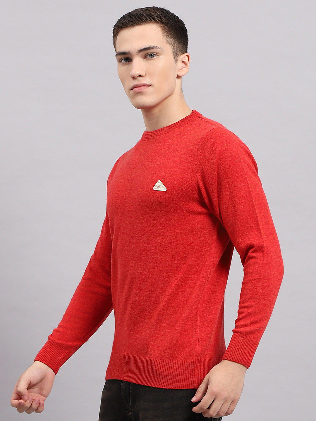 Men Red Solid Round Neck Full Sleeve Pullover